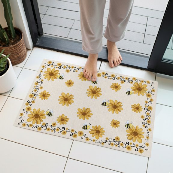 Vintage Yellow Daisy Indoor Door Mat 16x24 Inch Bee Rustic Farmhouse Wildflowers Floral Front Door Mat Non Slip Washable Entryway Rug Low Profile Dirt Trapper Doormat for Bathroom Kitchen Bedroom