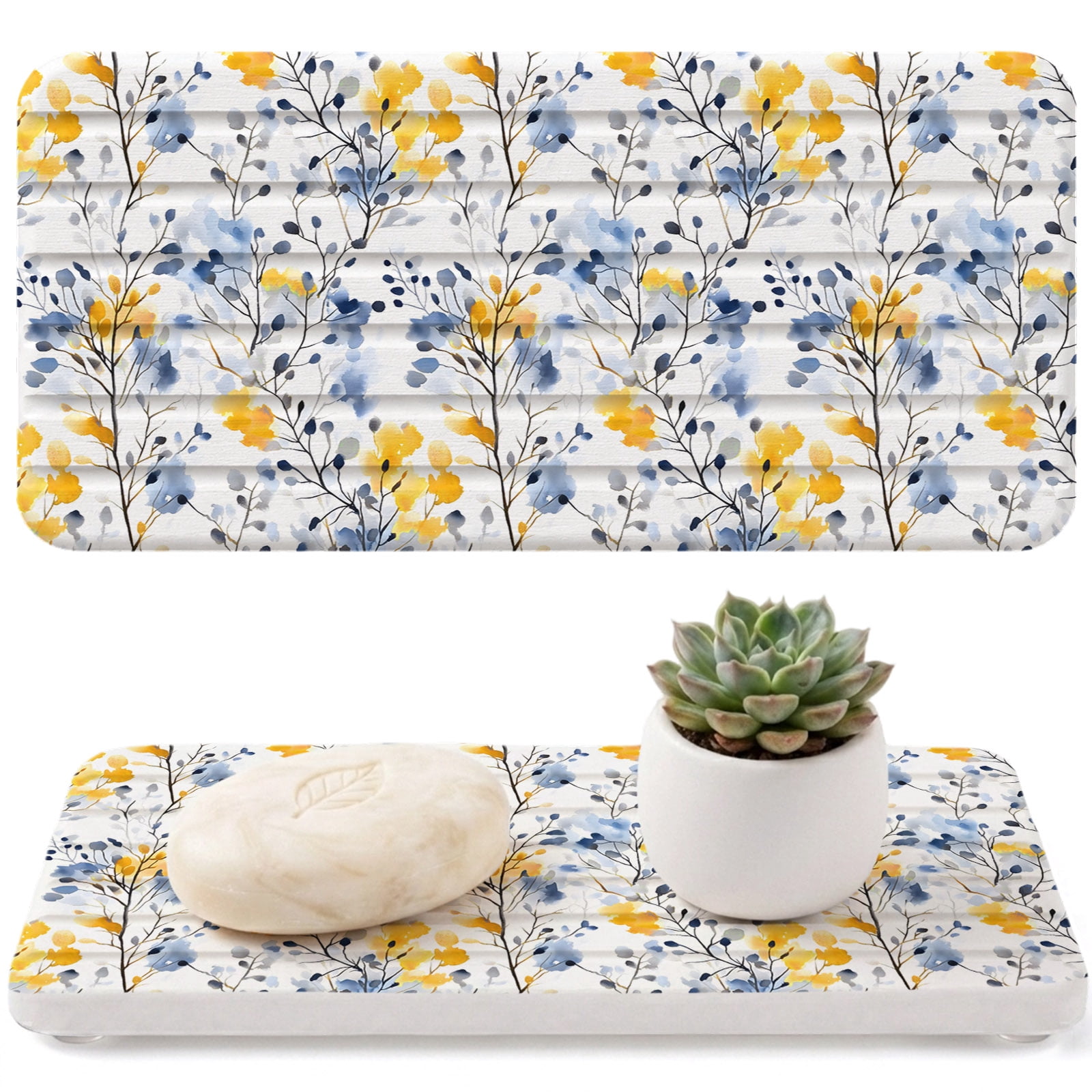 Vintage Yellow Diatomaceous Earth Coasters, Blue Wildflowers Leaves ...