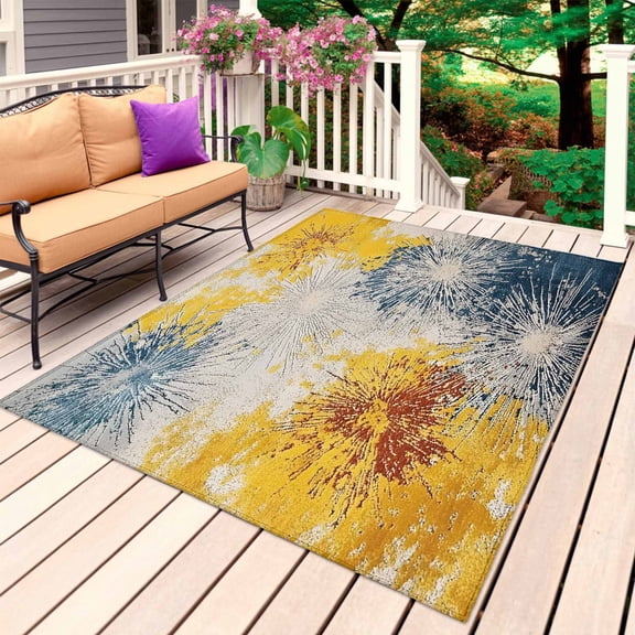 Vintage Yellow Firework Outdoor Rug 3x5 Ft, Non Slip Washable Area Rug, Modern Abstract Rt Smear Patio Rugs Carpet Runner, Large Floor Mat for Indoor/Outdoor Deck Porch Camping