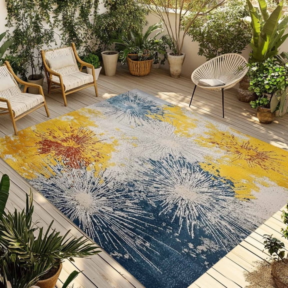 Vintage Yellow Firework Outdoor Rug 3x5 Ft - Reversible Patio Rug Outdoor Camping Rugs, Modern Abstract Rt Smear Washable Indoor Outdoor Area Rugs, Non-Slip Outdoor Carpet Runner for Deck/Porch