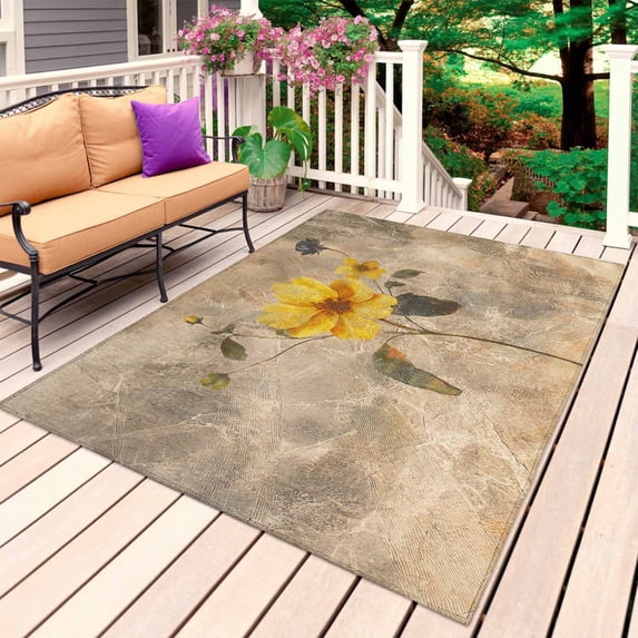 Vintage Yellow Floral Outdoor Rug for Patio/Deck/Porch, Non-Slip Large Area Rug 6 x 9 Ft, Spring Summer Botanical Indoor Outdoor Rugs Washable Area Rugs, Reversible Camping Rug Carpet Runner