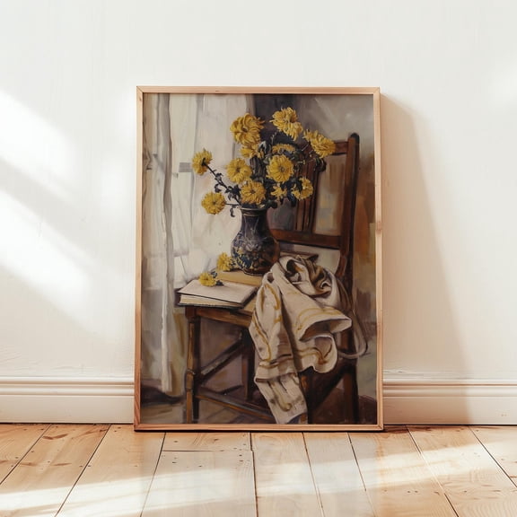 Vintage Yellow Floral Still Life Art Print: Cottagecore Kitchen Decor Unframed Paper Print