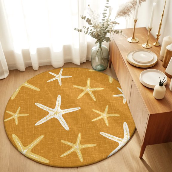 Vintage Yellow Orange Starfish Round Area Rug 3 FT,Small Kitchen Bathroom Mat,Summer Coastal Beach Marine Washable Indoor Outdoor Throw Runner Carpet Doormat for Table Shower Sofa Entryway