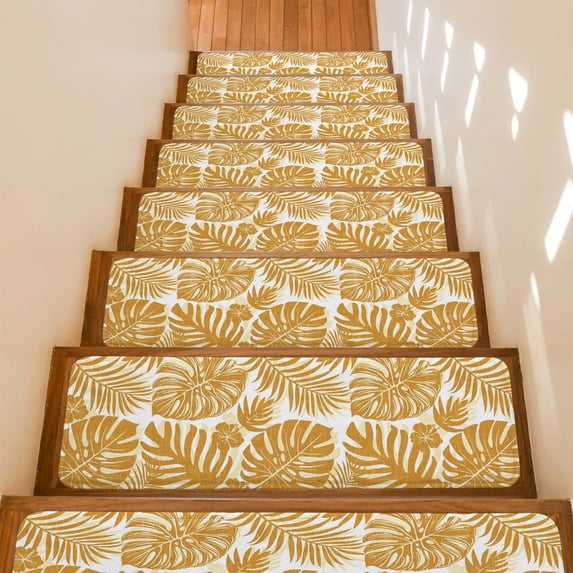Vintage Yellow Palm Leaves Stair Treads Non Slip for Steps Tropical Botanical Minimalist Modern 15 Pcs Reusable Adhesive Stair Runner Mats for Dogs Elders Carpet Treads Rugs for Staircase 8x30 In