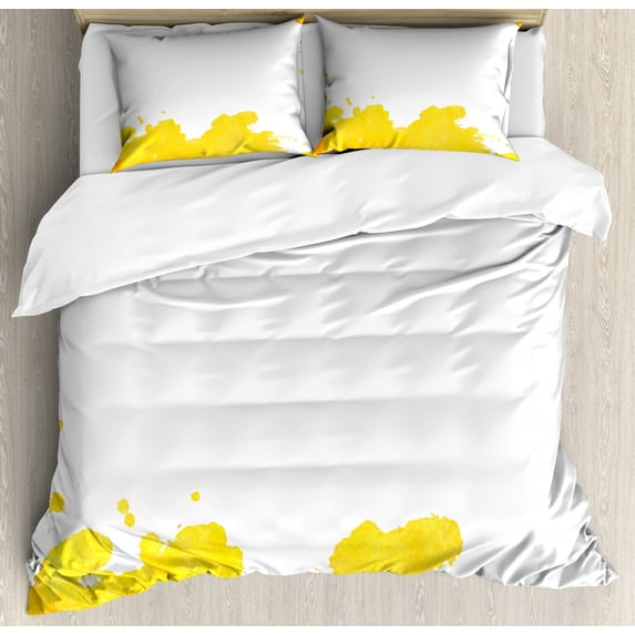 Vintage Yellow Queen Size Duvet Cover Set, White Background with Grunge Looking Watercolor Stains Artistic Design, Decorative 3 Piece Bedding Set with 2 Pillow Shams, Yellow and White, by Ambesonne