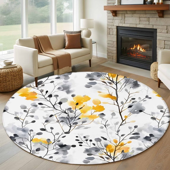 Vintage Yellow Round Rugs for Living Room 6ft Gray Wildflowers Leaves Abstract Botanical Non Slip Circle Rug Washable Low-Profile Indoor Carpet for Bedroom, Dining Room, Bathroom