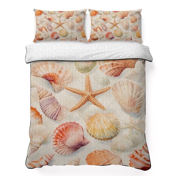 Vintage Yellow Seashell 3 Piece Quilt Bedding Set with 2 Pillow Shams, Ocean Starfish Summer Retro Linen Lightweight Bedspread Coverlet, Soft Breathable All Season Quilt, 68 x 86 Inch