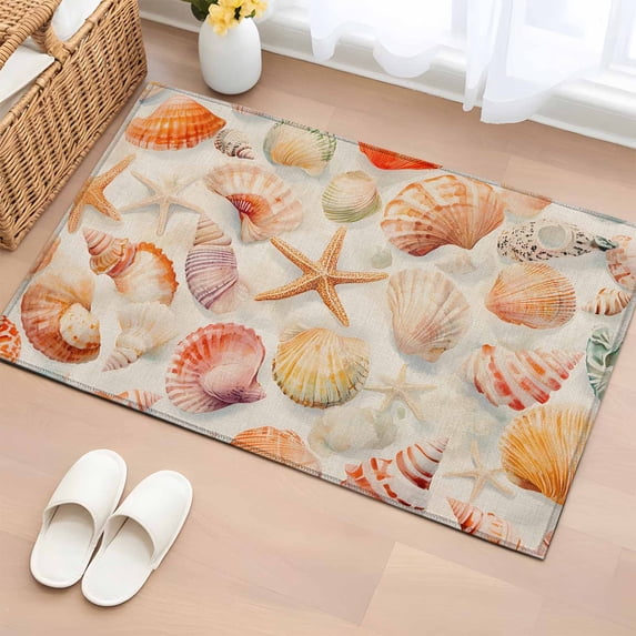 Vintage Yellow Seashell Washable Small Entryway Area Rugs 2'x3', Ocean Starfish Summer Retro Linen Low Pile Throw Rug Non-Slip Sturdy Edge Binding Carpet for Front Door Floor Room Entry
