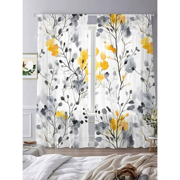 Vintage Yellow Sheer Curtains 108 inches Long 2 Panels Set Gray Wildflowers Leaves Abstract Botanical Tiers Sheers Rod Pocket Small Window Short Curtains for Kitchen Cafe, Each 52" W x 108" L
