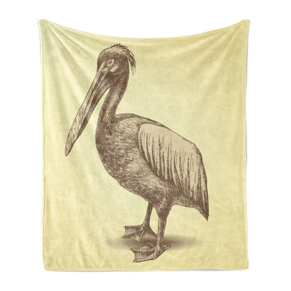 Vintage Yellow Soft Flannel Fleece Blanket, Hand Sketch Style Pelican Bird Wildlife Inspired Animal Artwork, Cozy Plush for Indoor and Outdoor Use, 50" x 60", Pale Yellow and Brown, by Ambesonne