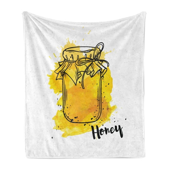 Vintage Yellow Soft Flannel Fleece Blanket, Old Ink Style Hand Drawn Honey Jar on Watercolor Splash Background, Cozy Plush for Indoor and Outdoor Use, 60" x 80", Marigold and Black, by Ambesonne