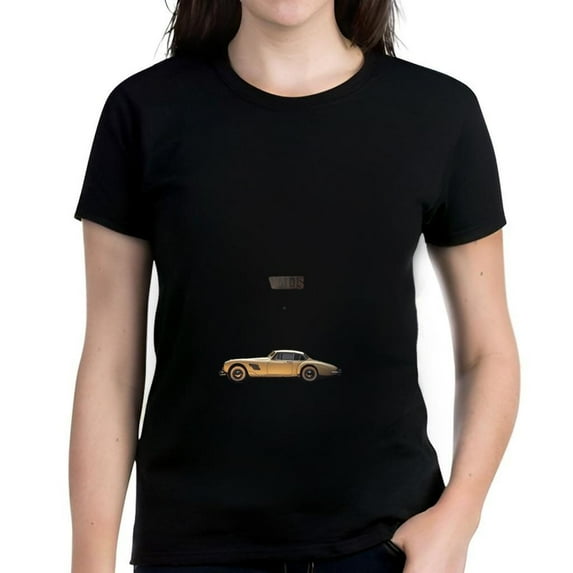 Vintage Yellow Sports Car Graphic T-Shirt for Women - Short Sleeve Cotton Tee with Digital Display ' 05 ' - Classic Retro Design