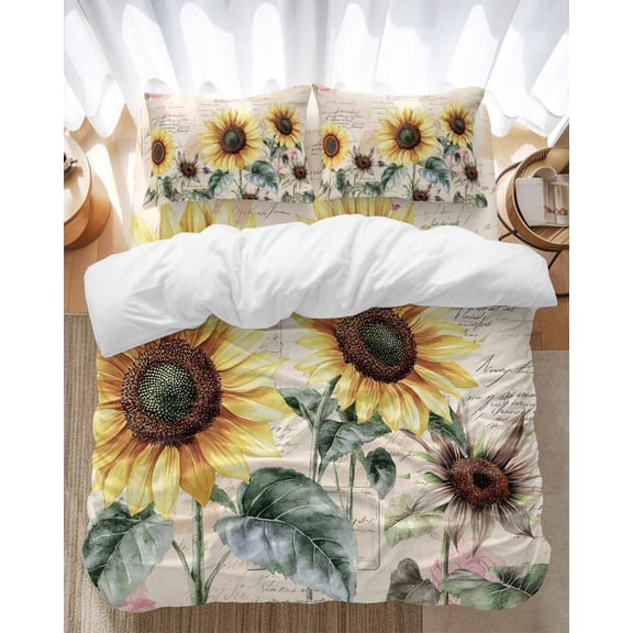 Vintage Yellow Sunflower Bedding Duvet Cover Set Queen Size 4 Pieces American Pastoral Style Bedding Set with Zipper Closure, 1 Comforter Cover 90x92 Inches 1 Flat Sheet & 2 Pillow Cases