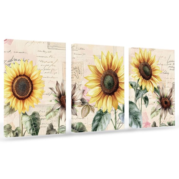 Vintage Yellow Sunflower Canvas Wall Art 3 Panels, American Pastoral Style Framed Wall Decor Modern Artwork Prints Painting for Living Room, Bedroom, Kitchen & Cafe Decor 12" x 16"