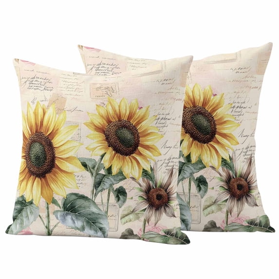 Vintage Yellow Sunflower Pillow Covers 2 Pack American Pastoral Style Pillowcase Waterproof Outdoor Throw Pillow Cover for Patio Garden Square Cushion 24”x24”