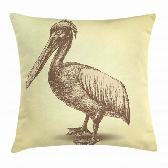 Vintage Yellow Throw Pillow Cushion Cover, Hand Sketch Style Pelican Bird Wildlife Inspired Animal Artwork, Decorative Square Accent Pillow Case, 18 X 18 Inches, Pale Yellow and Brown, by Ambesonne