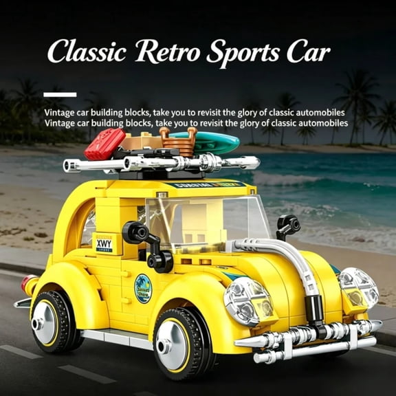 Vintage Yellow Travel Car Building Blocks Model, MOC Brick Kit with Roof Rack, Display Decor for Ages 14+, 1 Pack