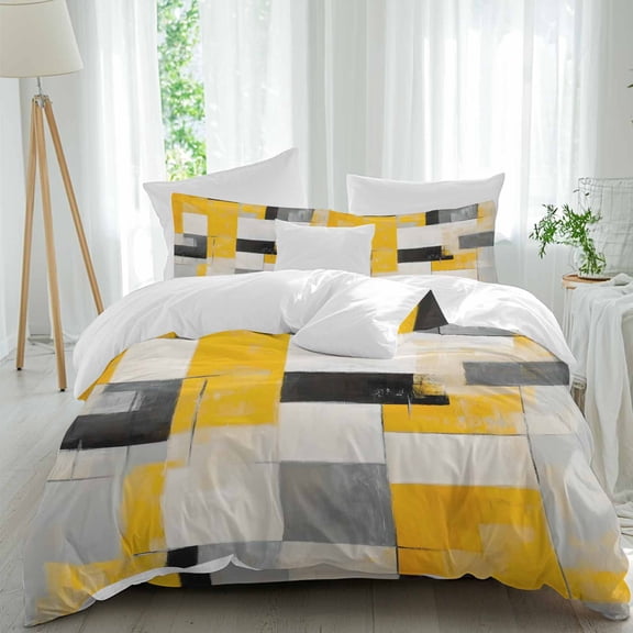 Vintage Yellow White Black Graffiti Queen Size Bed Set,Abstract Color Blocks Bedding for All Seasons,4 Pcs Bed Set,1 Quiltcover (90"x92"),1 Sheet(94"x116"),2 Pillowcases (30"x20")
