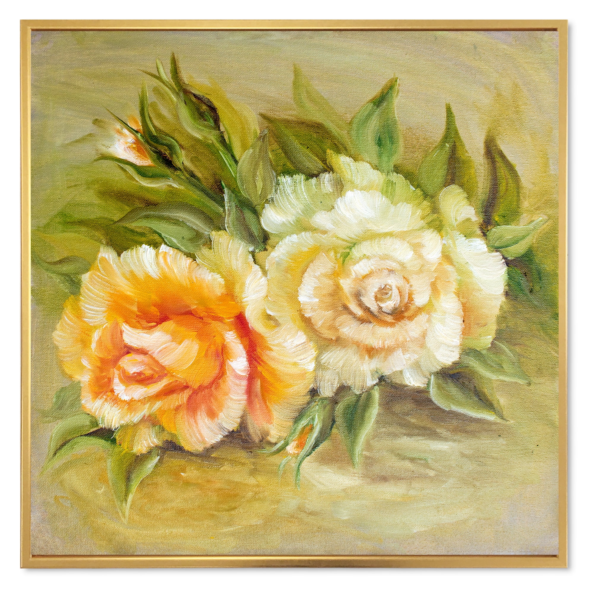 Vintage Yellow and White Roses 36 in x 36 in Framed Painting Canvas Art Print, by Designart
