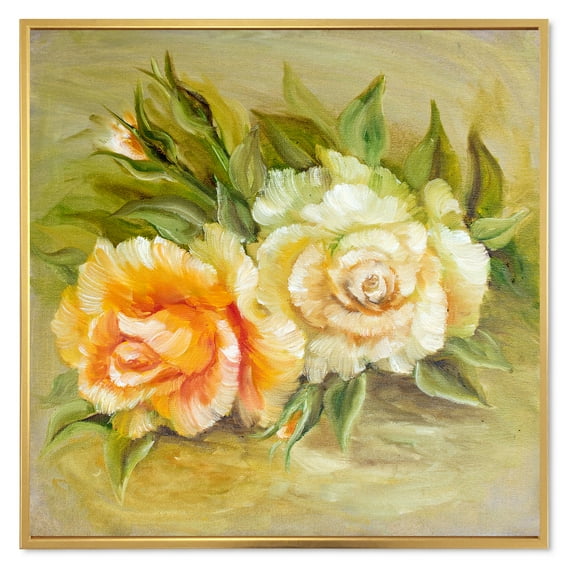Vintage Yellow and White Roses 36 in x 36 in Framed Painting Canvas Art Print, by Designart