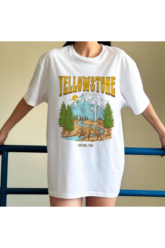 Vintage Yellowstone National Park Scenic Forest Landscape Retro Outdoor Graphic Unisex Cotton T-Shirt, Size S-5XL