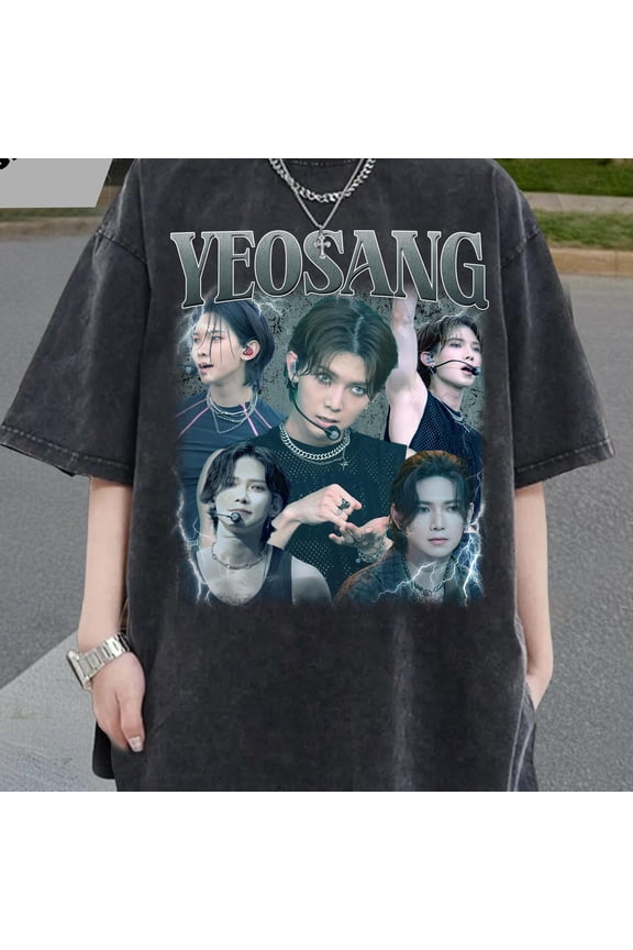 Vintage Yeosang Ateez T-Shirt, Unisex Kpop Tee with Electric Effects and Collage Design