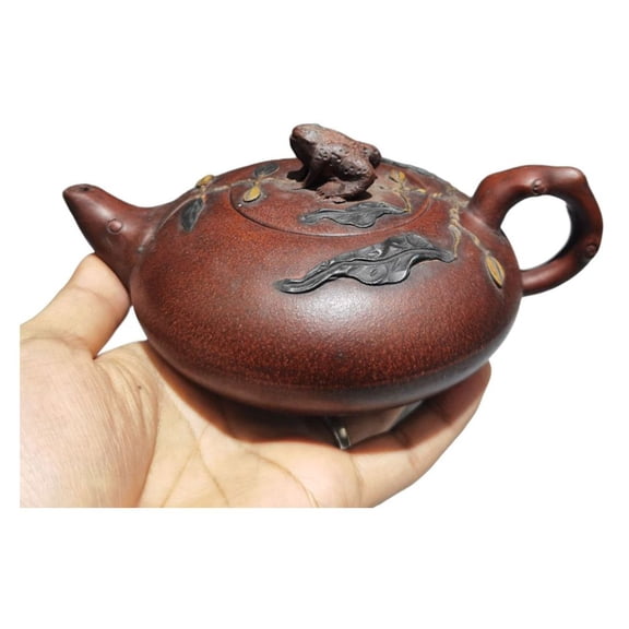 Vintage Yixing Teapot Decor Carving Nice Frog Shaped Finial Leaf Relief Raised Low Round Vessel Art