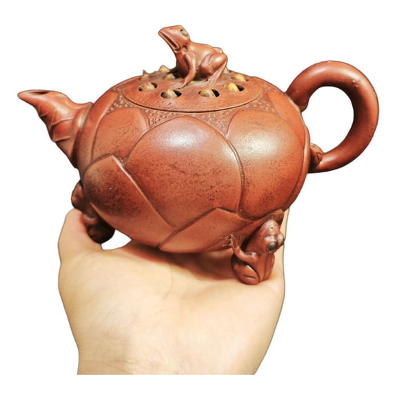 Vintage Yixing Teapot Exquisite Carving Chinese Ceremony Handcrafted Sculptural Zisha With Frog Lotus Seed Pod Biomorphic Loop