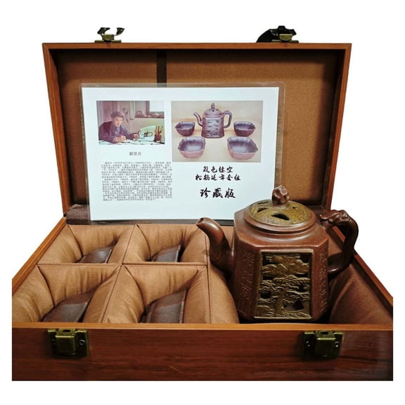 Vintage Yixing Teapot Exquisite Carving Chinese Ceremony Octagonal Engraved Sculpted Relief Openwork Two Tone Crane Pine Floral