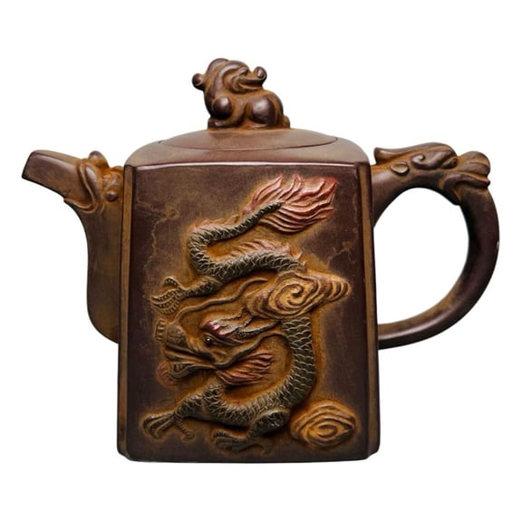 Vintage Yixing Teapot Exquisite Carving Chinese Ceremony Square Bodied Bionic Dragon Mythical Beast Relief Embossed Calligraphy