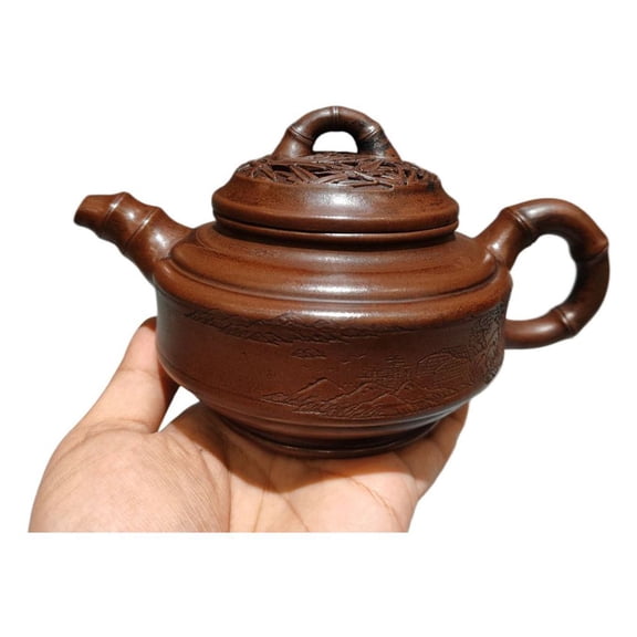 Vintage Yixing Teapot Oriental Lovely Bamboo Segment Pierced Leaf Lattice Work Carved Etched Inscribed Calligraphy Embossed