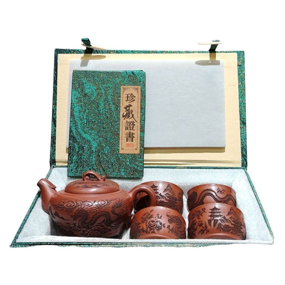 Vintage Yixing Teapot Oriental Lovely Dragon Loong Carved Engraved Etched Embossed Cloud Pattern Art