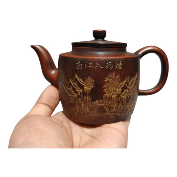 Vintage Yixing Teapot Oriental Lovely Embossed Engraved Scrollwork Detailed Traditional Calligraphy Architectural Landscape