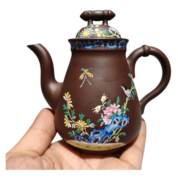 Vintage Yixing Teapot Oriental Lovely Enamel Painted Floral Bird Vibrant Pear Shape Bamboo Knob Curved Tall Spout Claypainting