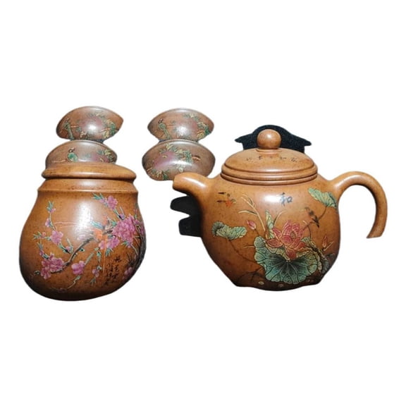 Vintage Yixing Teapot Oriental Lovely Painted Lotus Motif Bird Pattern Gourd Shape Calabash Style Design Figurine