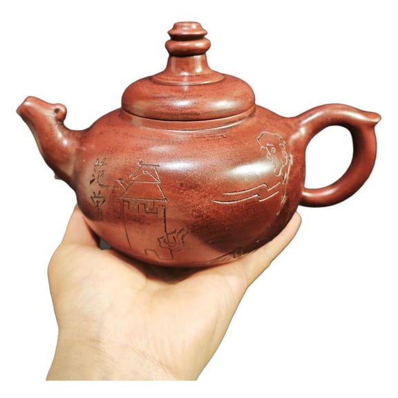 Vintage Yixing Teapot Yellow Tea Decorative Zisha Pot Handcrafted Artisan Carved Engraved Etched Lucky Fortune Collectible Loop