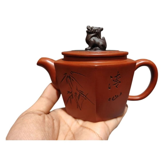 Vintage Yixing Zisha Teapots Yellow Tea Foo Dog Bamboo Motif Hexagonal Carved Engraved Floral Pattern Design Sculpture