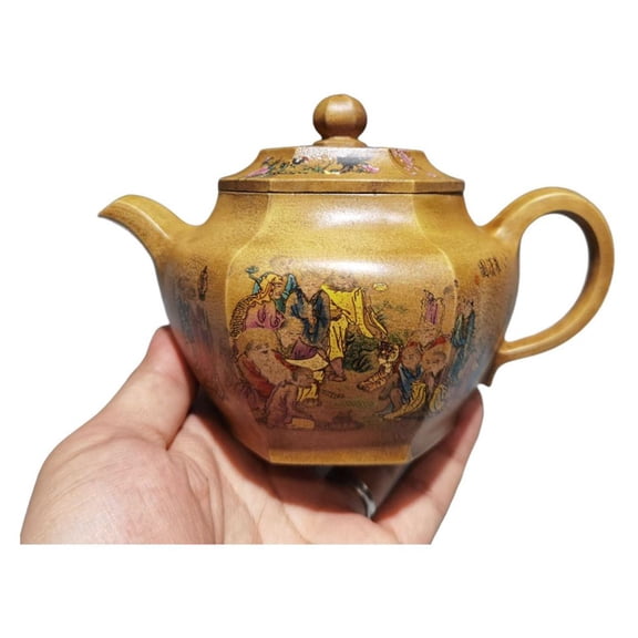 Vintage Yixing Zisha Teapots Yellow Tea Handpainted Painted Hexagonal Six Sided Hexagon Shaped Vessel Shape Sculpture Figurine