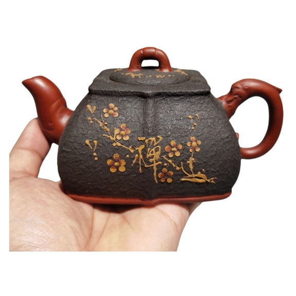 Vintage Yixing Zisha Teapots Yellow Tea Hexagonal Six Sided Zen Inspired Plum Blossom Calligraphy Square Rectangular