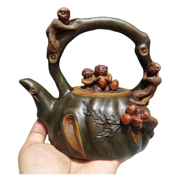 Vintage Yixing Zisha Teapots Yellow Tea Monkey Handle Bionic Stump Sculpted Carved Embossed Relief Figurine Collectible