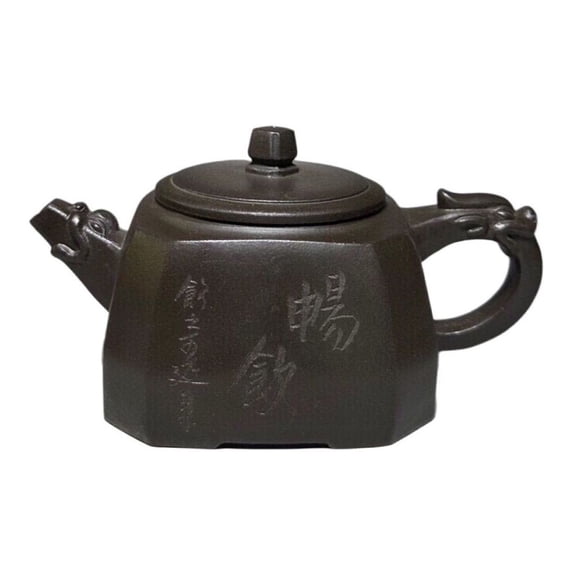 Vintage Yixing Zisha Teapots Yellow Tea Square Geometric Faceted Fluted Crisp Edged Carved Textured Collectible