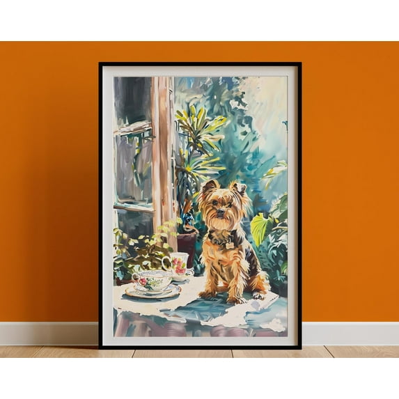 Vintage Yorkshire Terrier Print, Dog & Coffee Illustration Poster, Dining Room Tea Yorkie Wall Art, Still Life Painting, Retro Kitchen Decor Wall Art, Modern Wall Decor For Living Room, 8x12 UNFRAMED
