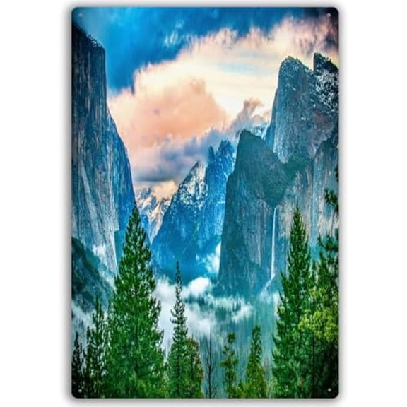 Vintage Yosemite Mountain Peaks Metal Wall Art Tin Sign, Nature Landscape Poster for Cabin, Lodge or Man Cave, Retro Aluminum Home Decor, 8x12 Inch