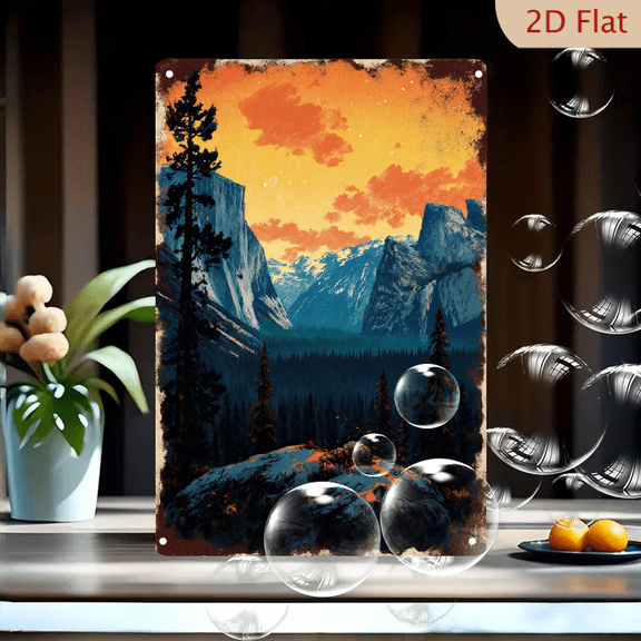 Vintage Yosemite National Park Mountain Landscape Art, 8x12 Inch Retro Travel Poster Print on Metal Wall Decor with Mossy Boulder and Sunrise Sky for Living Room Cabin