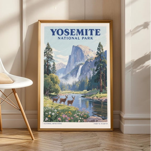 Vintage Yosemite National Park Poster: Gouache Style Travel Art, Stretched Canvas Size 16x24