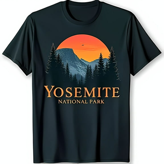 Vintage Yosemite Park Graphic Tee Dark Blue Sunset & Mountain Design