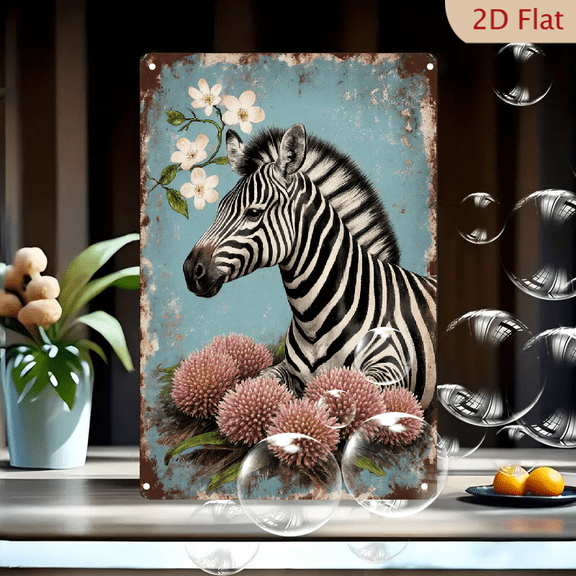 Vintage Zebra and Floral Art Print on Metal, 8x12 Inches, Rustic Blue Distressed Background with White Flowers and Purple Alliums, Wall Decor for Home Office