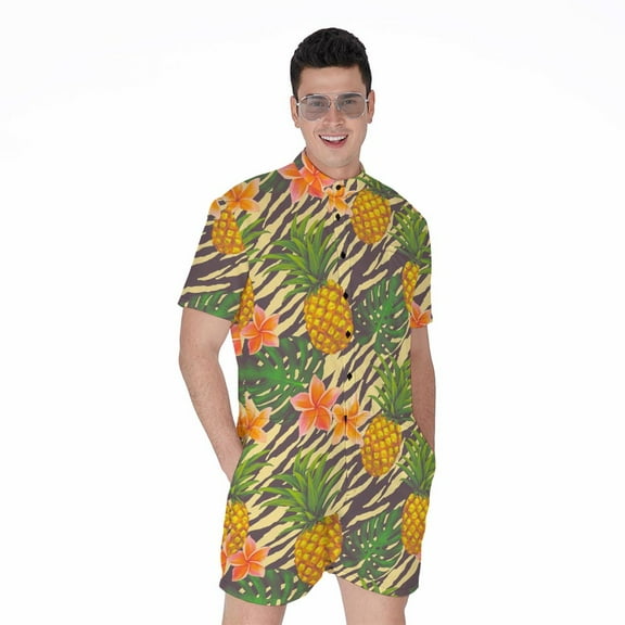 Vintage Zebra Pineapple Pattern Short Sleeve Men'S Rompers, Pineapple Aloha Tropical Fruits Hawaiian Casual Summer Jumpsuits Outfit