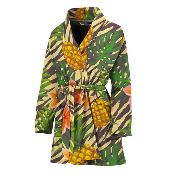 Vintage Zebra Pineapple Pattern Women Bathrobe One Size Univeral Fits, Pineapple Aloha Tropical Fruits Hawaiian Fashion Lightweight Plush Fleece Long Robe For Women