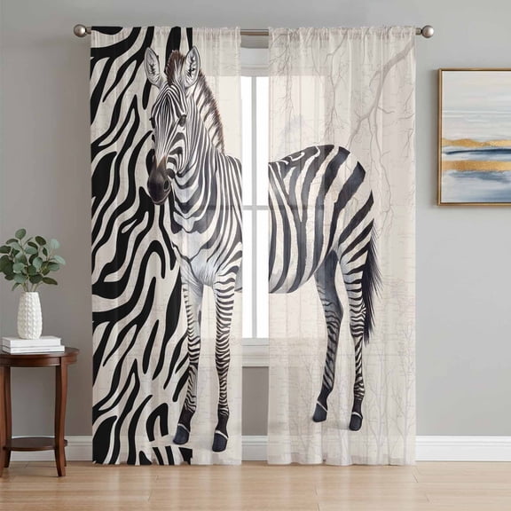Vintage Zebra Sheer Curtains 63 Inch Length 2 Panels Set, Modern Art Animal Watercolor Voile Window Treatment Rod Pocket Curtains Sheers Drapes for Bedroom/Living Room/Kitchen 52x"63"x2